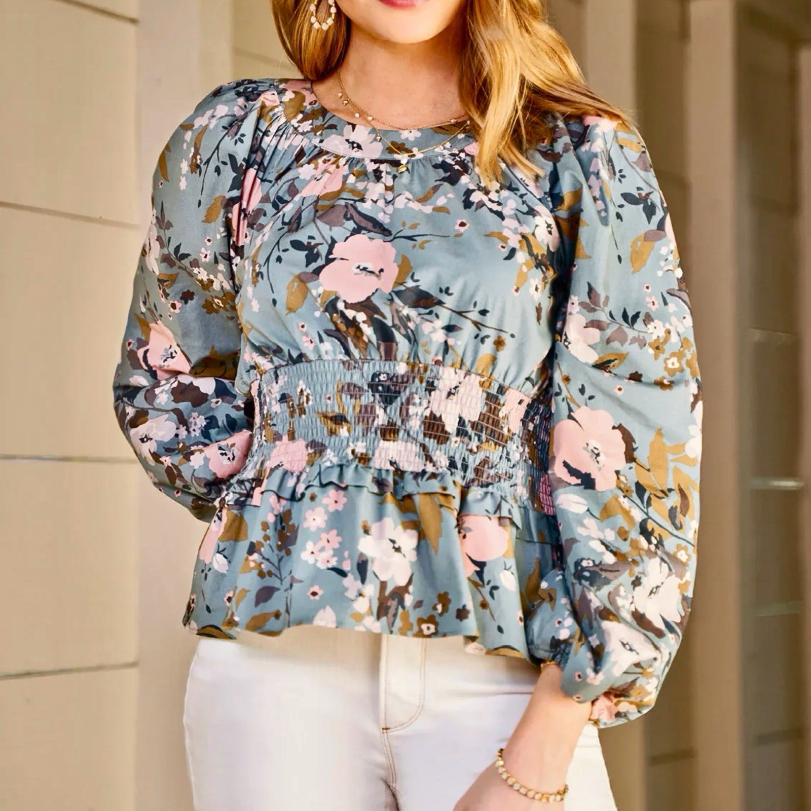 Spartina 449 Women\'s XL June Peplum Blouse Maritime Floral Long Sleeve Top