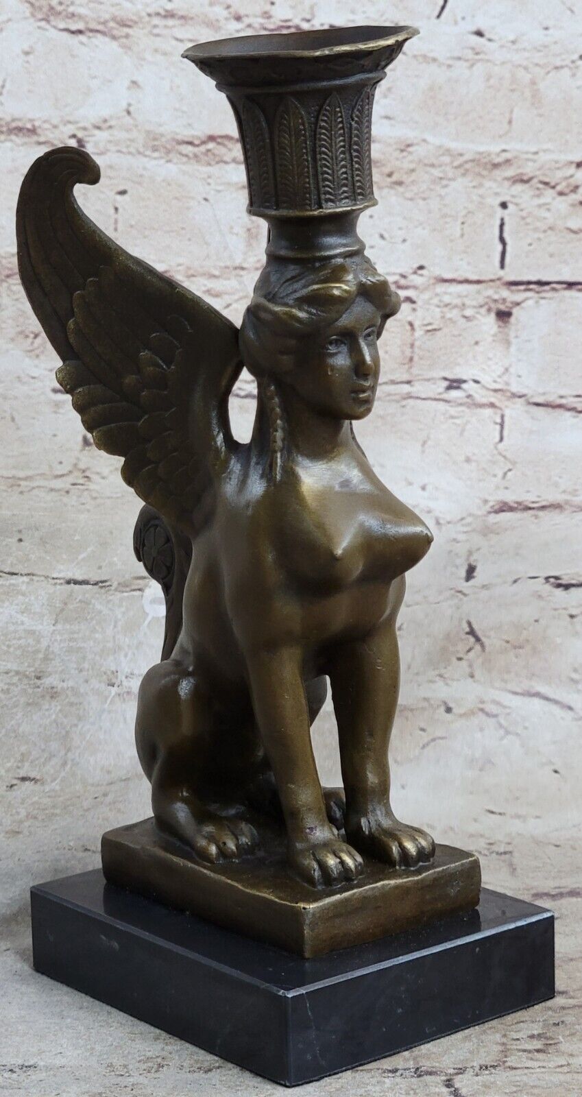 FABULOUS BRONZE DECO EGYPTIAN REVIVAL SPHINX CANDLE HOLDER NUDE SCULPTURE GIFT