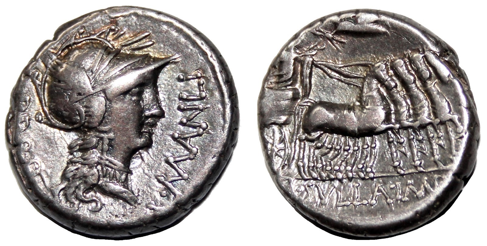 *AET* L. Manlius and L. Cornelius Sulla AR Denarius. VF+/EF-. 82 BC. Quadriga.