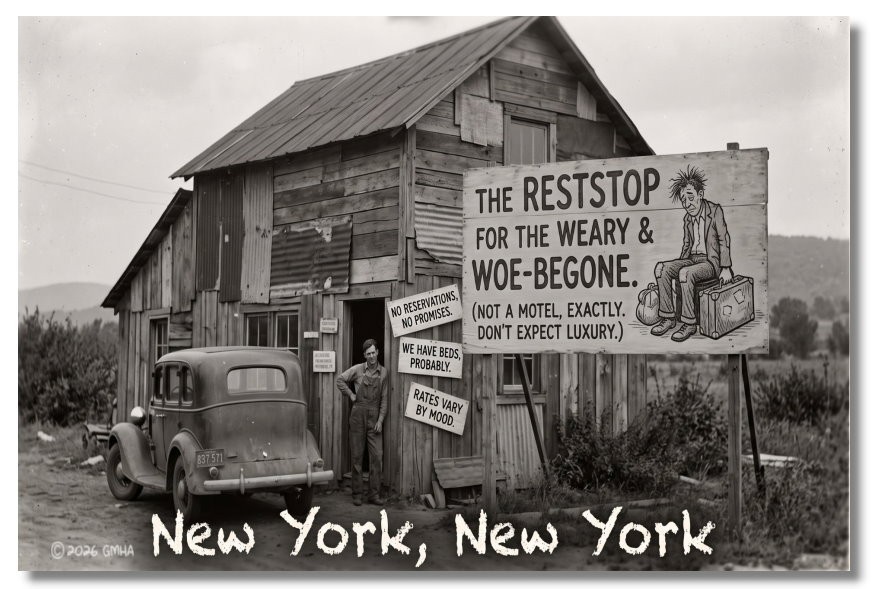Vintage‑STYLE  ART 1930s RPPC-REST FOR THE WEARY-NEW YORK-FAUX PHOTO