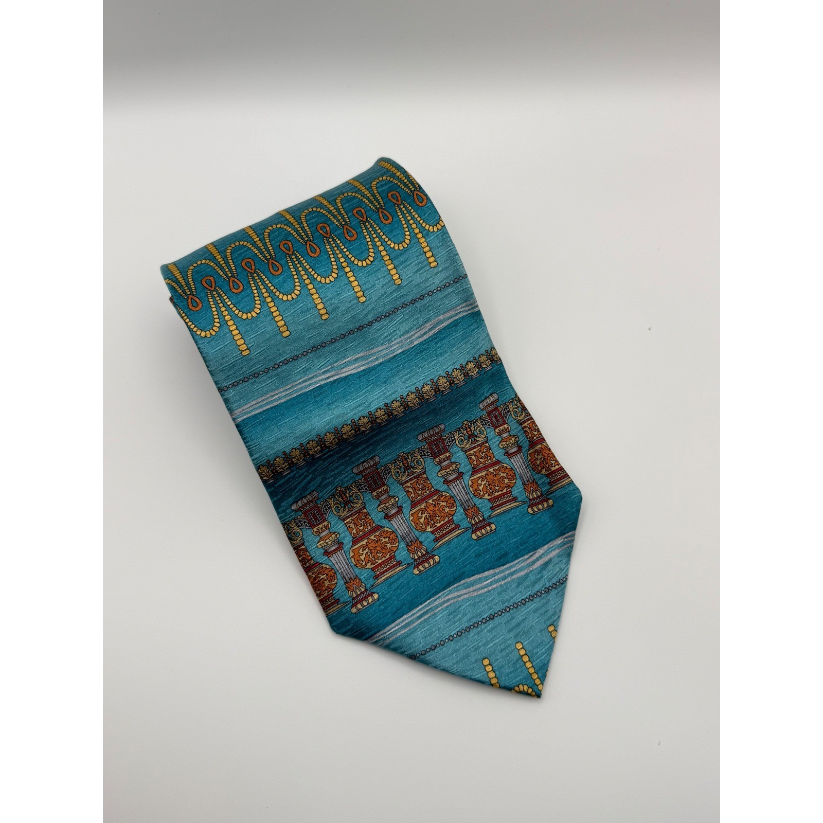 Tesoro Rosso Silk Tie OS Teal Blue Greco Roman Column Urn Baroque Ornate Italian
