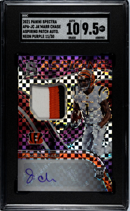 Ja\'Marr Chase 2021 Spectra #APA-JC Rookie Patch Auto Neon Purple /30 SGC 9.5