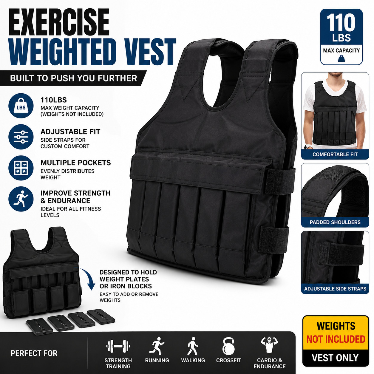 Exercise Weighted Vest Fitness Training Workout Sport 110LBS Weighted Adjustable