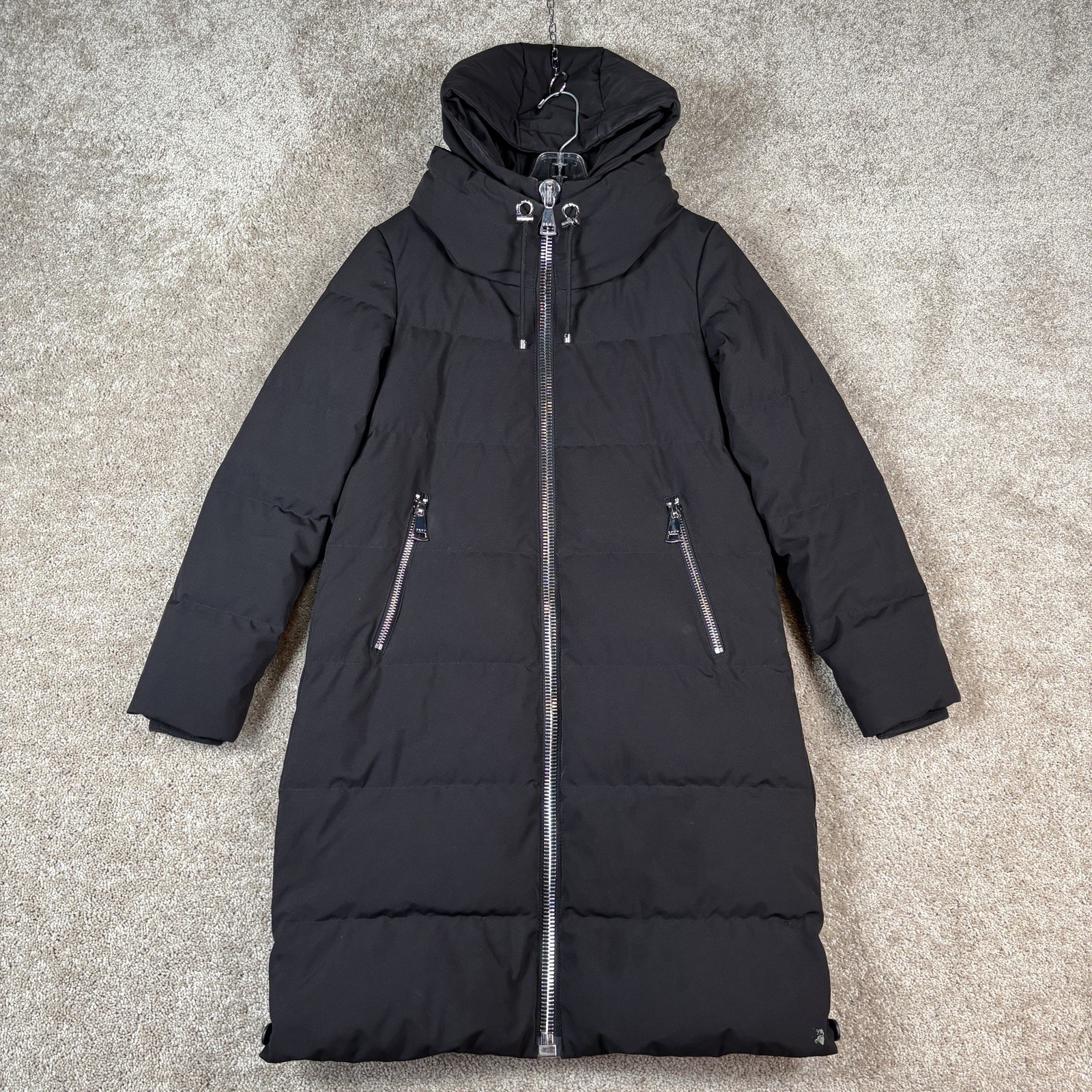 DKNY Long Puffer Parka Coat Womens XL Black Hooded Full Zip Warm Heavy Winter