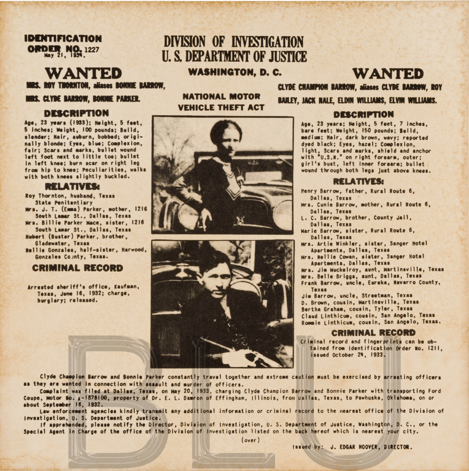 1934 Bonnie & Clyde Wanted Poster 12 x 12\ 1934 Bonnie & Clyde Wanted Poster 12 x 12\