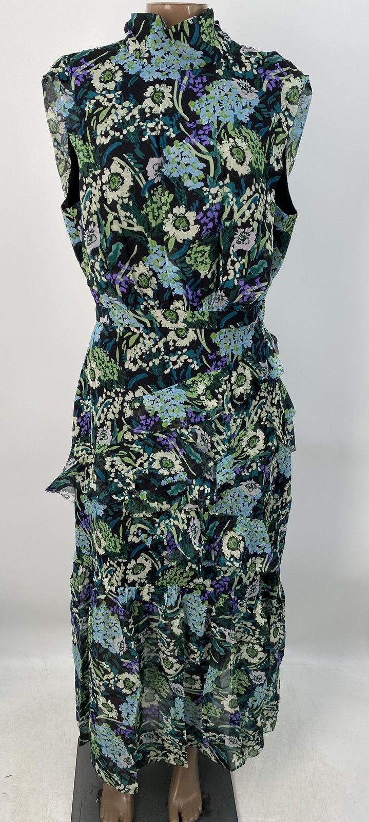 Saloni Womens Midi Dress Black/Green Size 8 Fleur Ruffle Silva Fern Sleeveless
