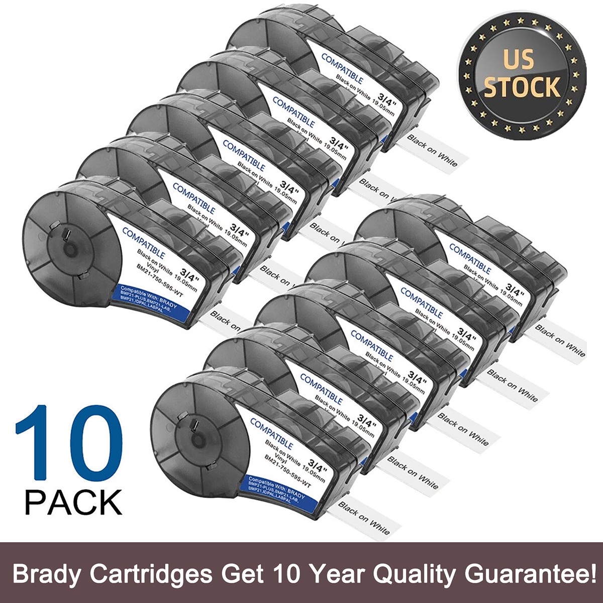 10PK For Brady BMP21-PLUS M21-750-595 Vinyl Label Cartridge Black/White 3/4