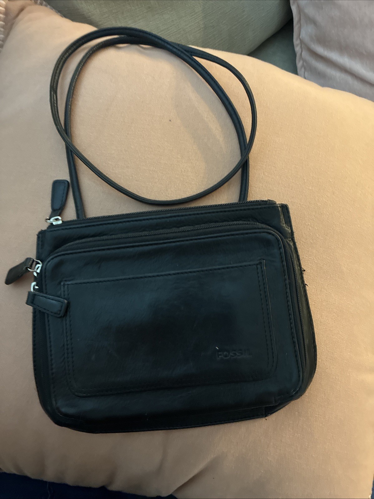 Fossil Black Leather Crossbody Flap Bag Shoulder Purse