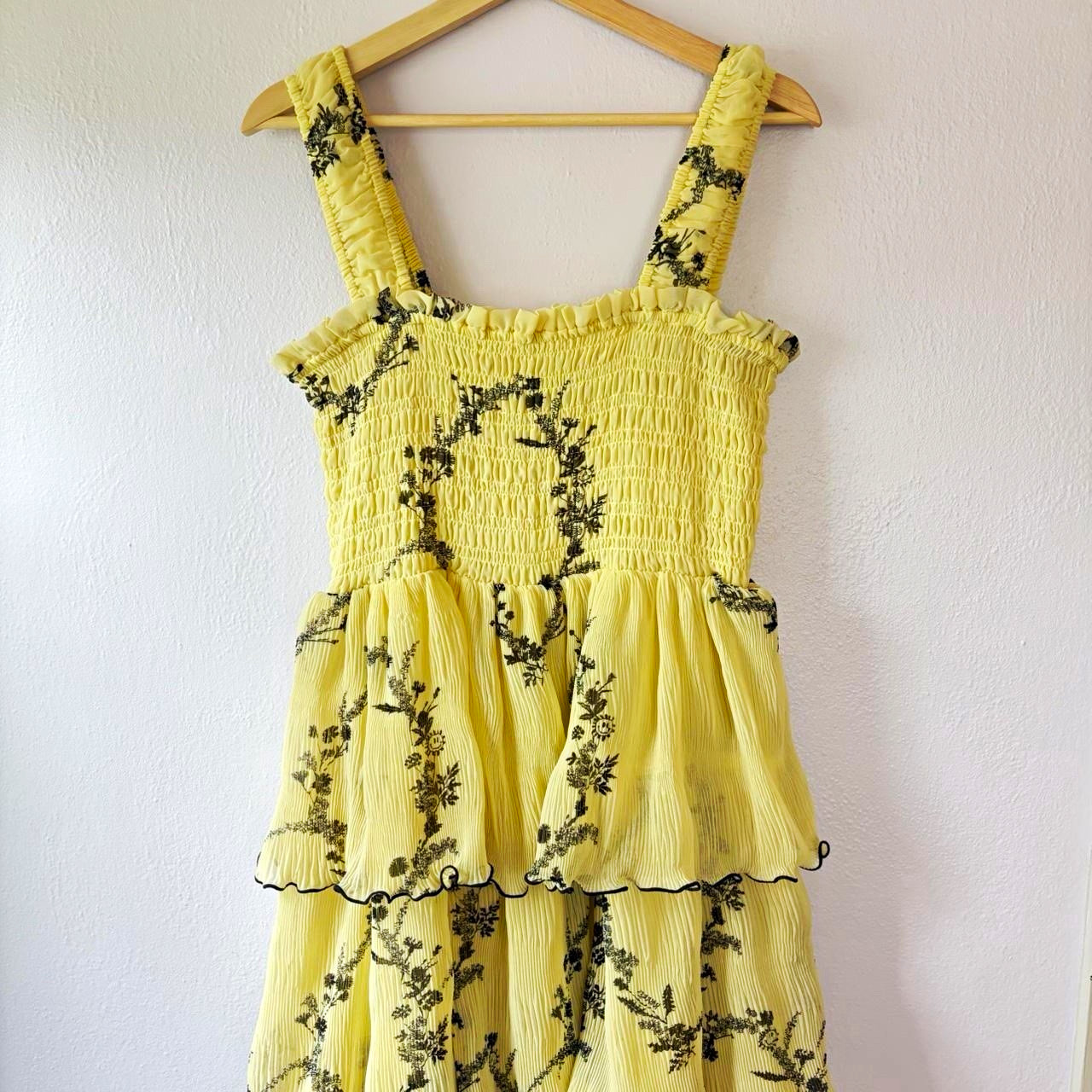 NWT GANNI Yellow Floral Smocked Tiered Square Neck Strappy Midi Sundress L NWT GANNI Yellow Floral Smocked Tiered Square Neck Strappy Midi Sundress L