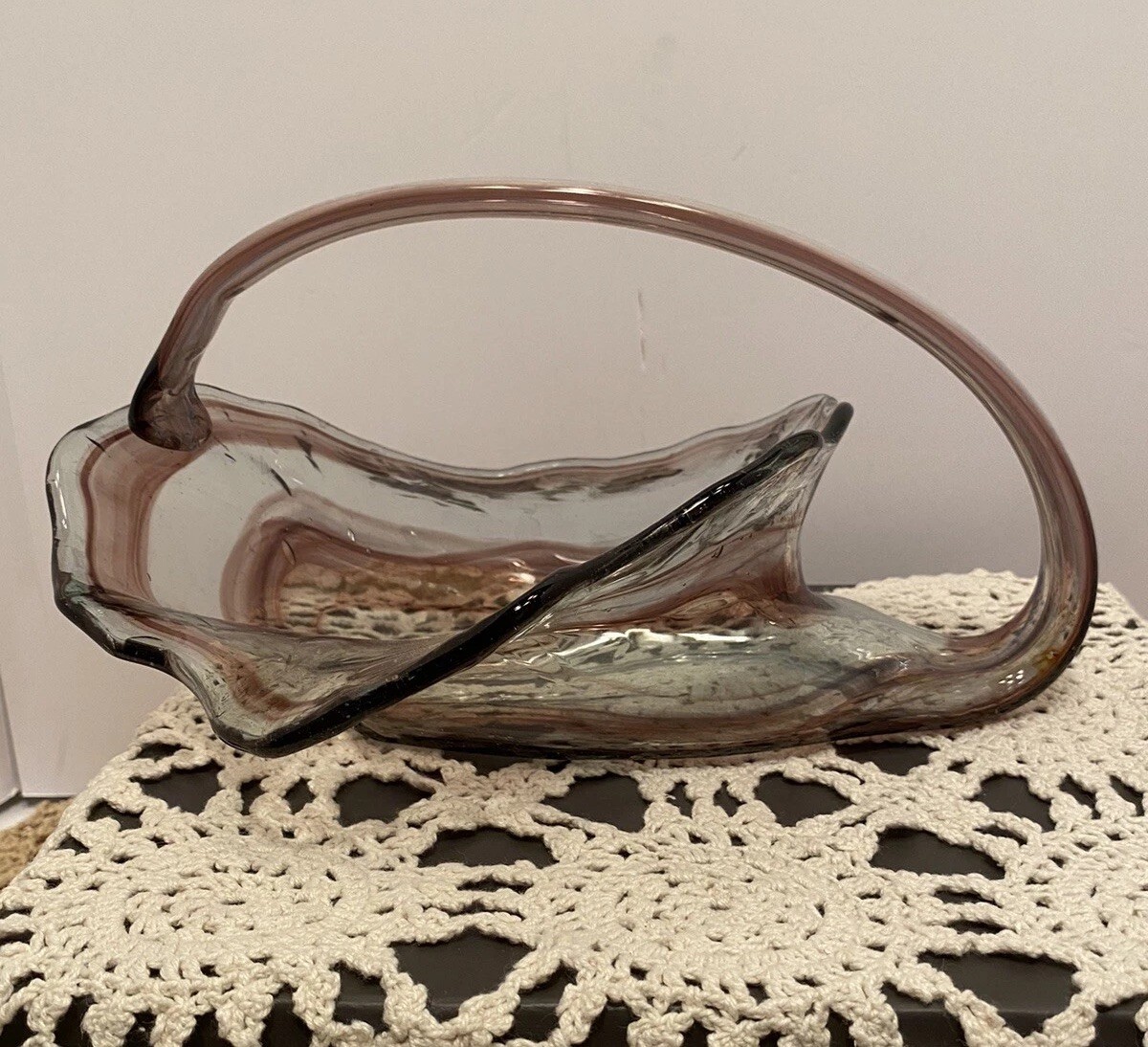Vintage Handblown Swirl Art Glass Centerpiece Handled Basket Bowl Gray/multi