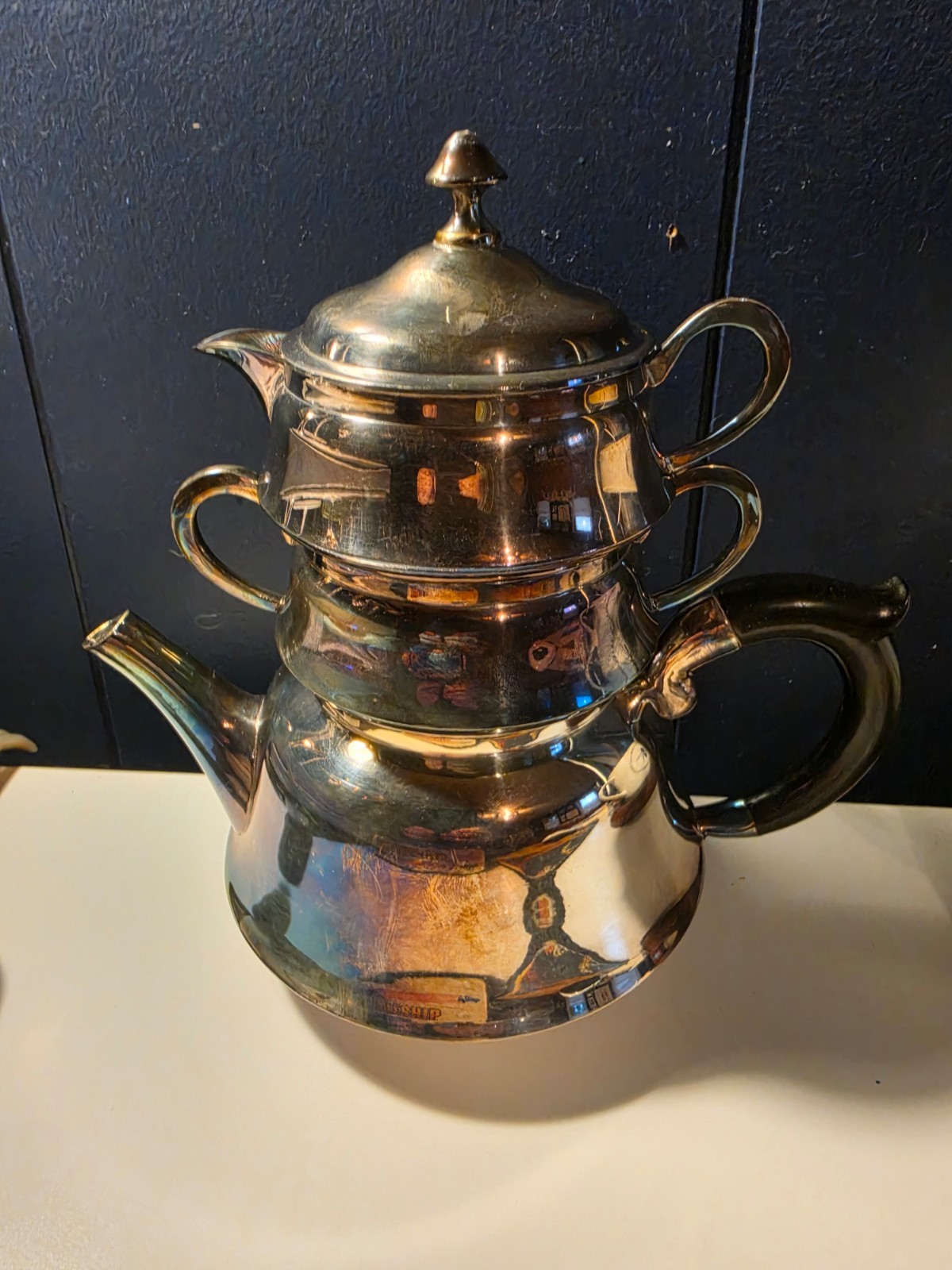 Vintage E.P.N.S. A1 Silverplate Stacking Teapot with Sugar Bowl and Creamer