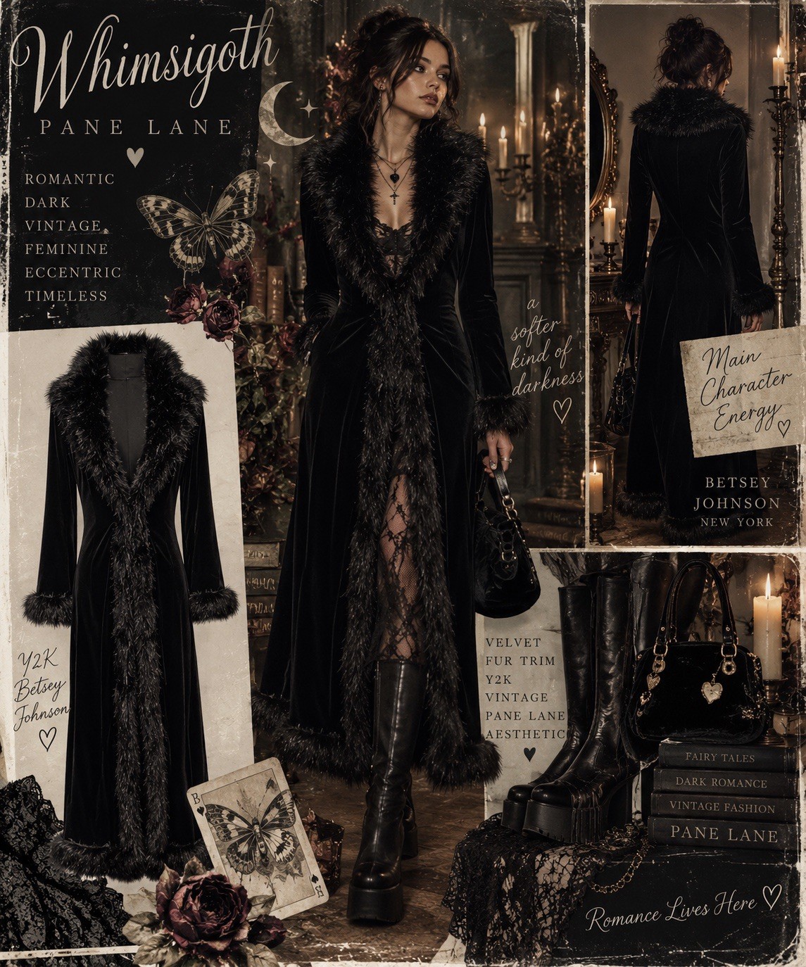 Vtg Betsey Johnson Penny Lane Coat S Black Velvet Faux Fur Trim Gothic Y2K Glam