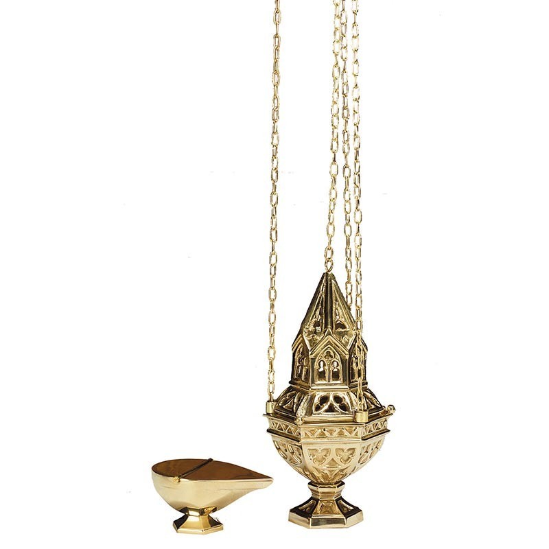 Elegant Ornate Hanging Embossed Censer and Boat Set Ideal For Church & Sanctuary Elegant Ornate Hanging Embossed Censer and Boat Set Ideal For Church & Sanctuary