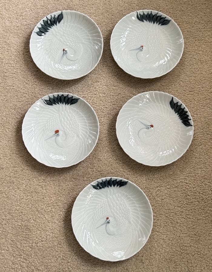 Vintage 1960’s Red Crowned Crane Japanese Celadon Porcelain Plates Set Of 5