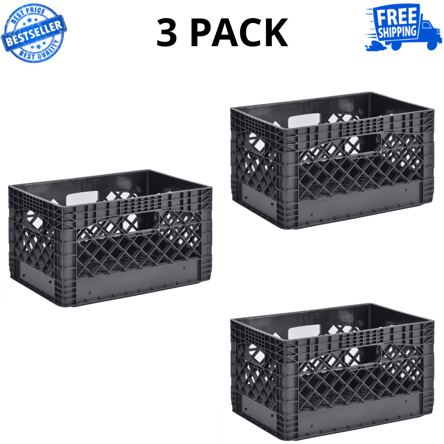 Juggernaut Storage 24QT Plastic Heavy-Duty Milk Crate, Black, 3 Pack