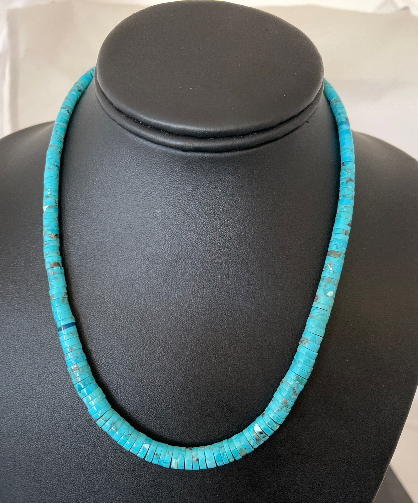 Blue Turquoise Heishi Stabilized Graduated Navajo Sterling Silver Necklace 01184