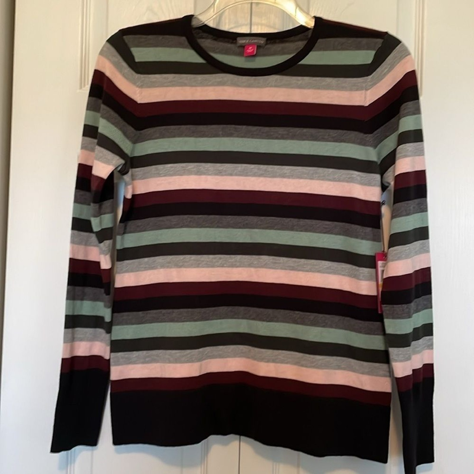 NWT Vince Camuto Fall Harmony Rich Black Stripe Crewneck Sweater Sz M