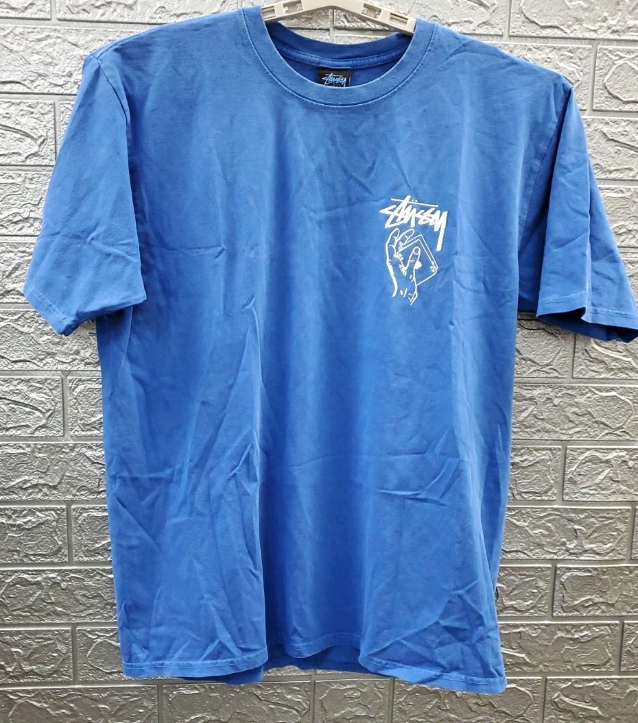 New STUSSY 2 Sided Shuffle Pigment Dyed Tee Blue Size L