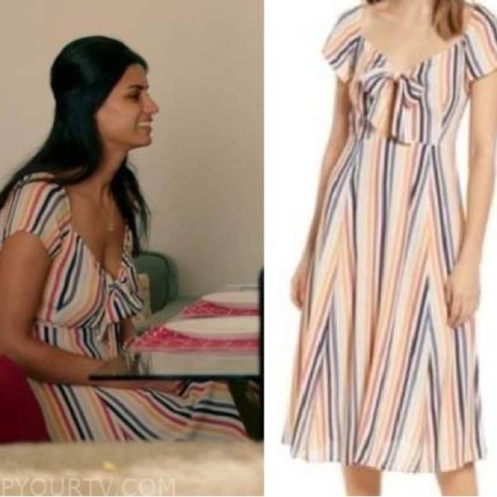 NWT Leith Nordstrom Beige Tender Stripe Cut Out Front Tie Dress Size Medium