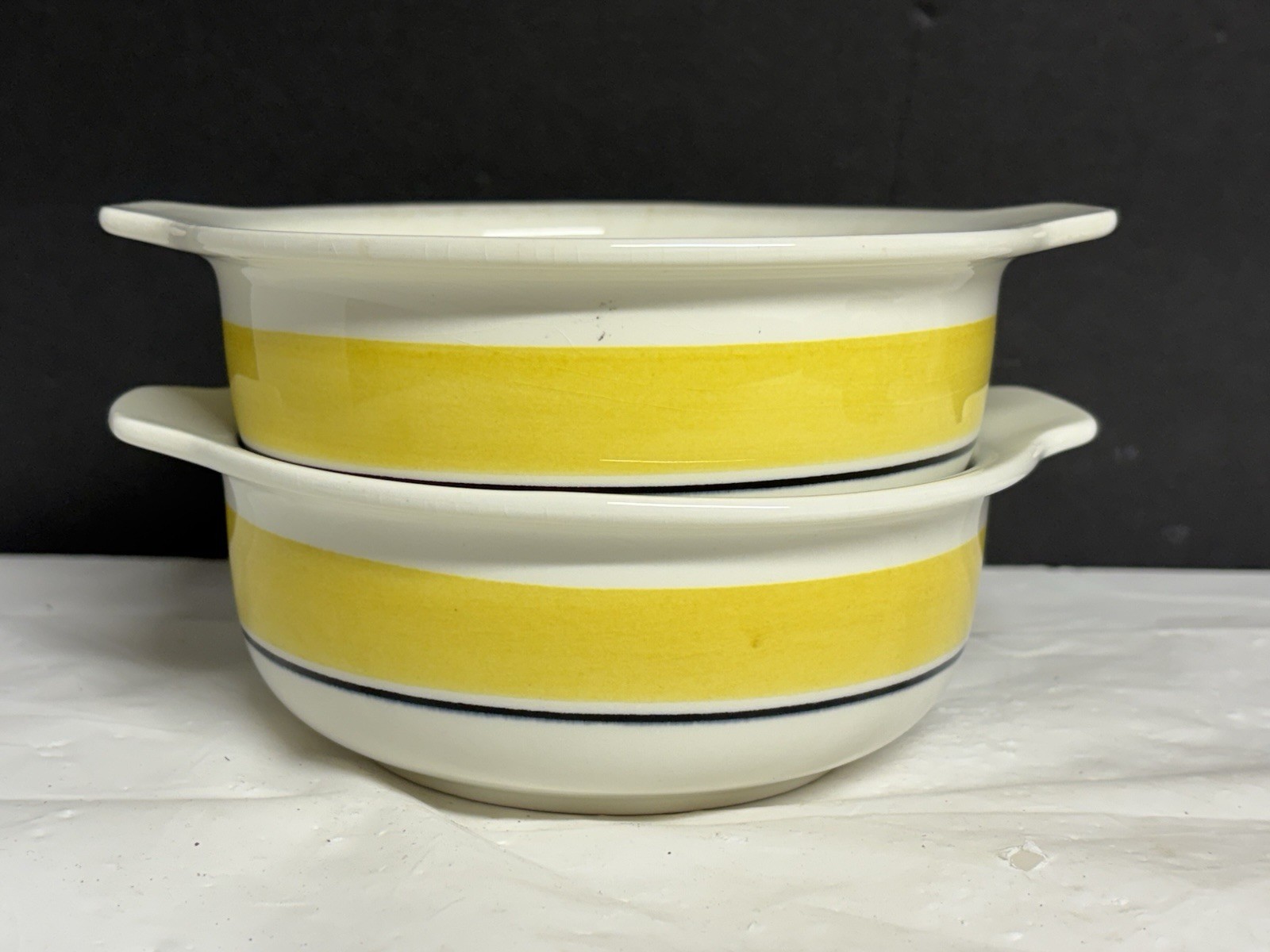Pair Vintage Arabia of Finland Faenza Yellow Striped Side Handled Serving Bowls Pair Vintage Arabia of Finland Faenza Yellow Striped Side Handled Serving Bowls