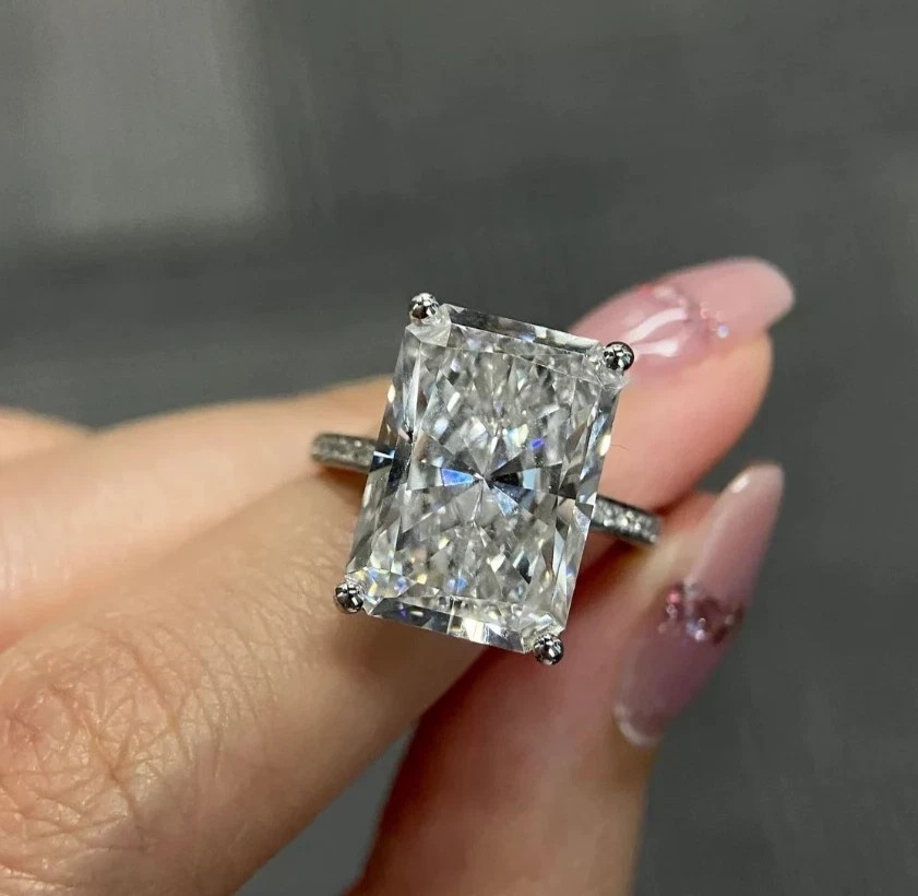 8.4CT Radiant Big Moissanite Engagement Ring For Women In 14k White Gold Plated