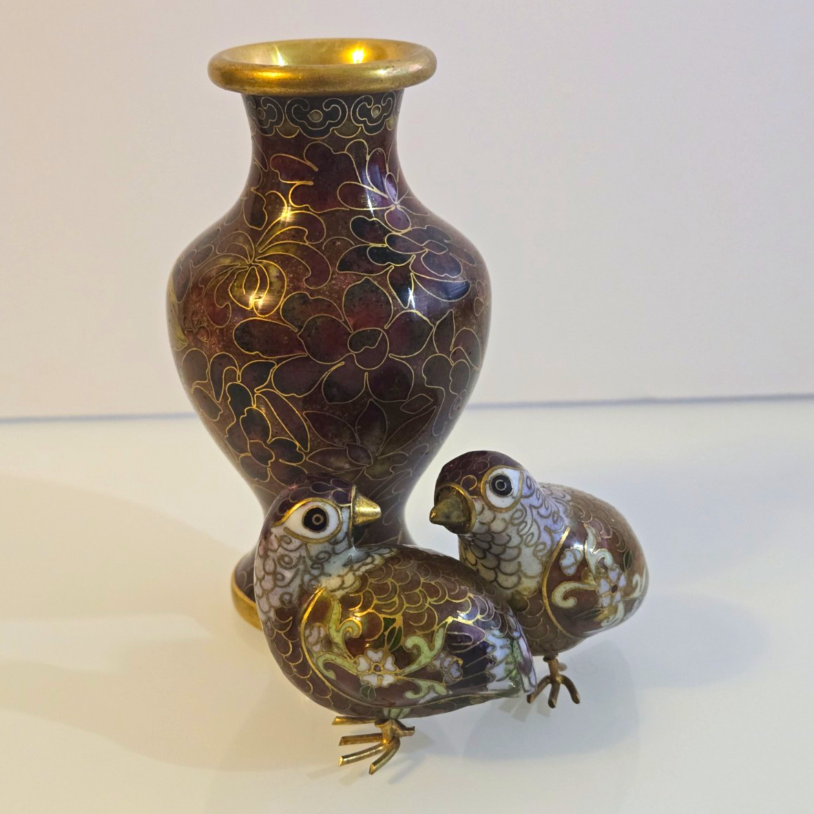 3pc Vintage Cloisonne Set Metal Bird Figurine Quail and Vase