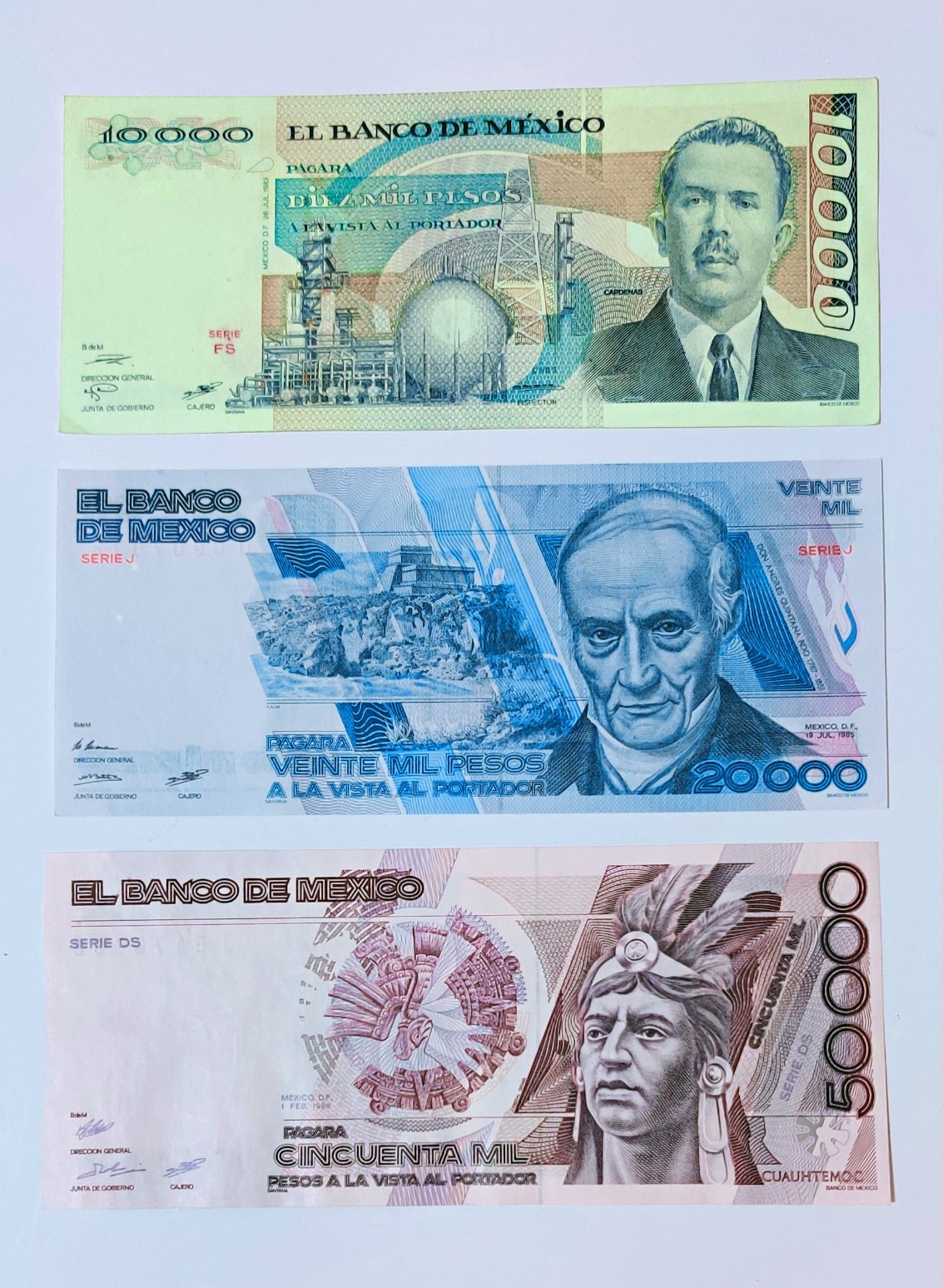 Uncirculated 1983 1985 1988 México Banknote Lot (3) 10,000-20,000-50,000 Pesos Uncirculated 1983 1985 1988 México Banknote Lot (3) 10,000-20,000-50,000 Pesos