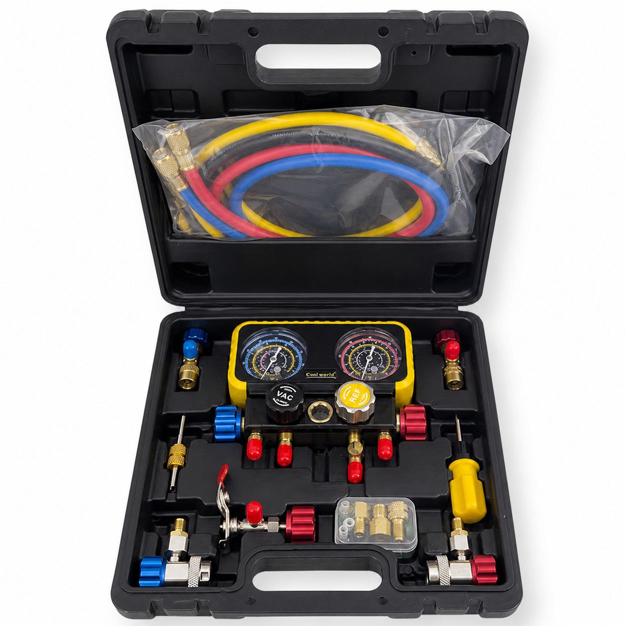 4-Way HVAC Manifold Gauge Set R22 R32 R134a R410a 5ft Hoses Tool Kit