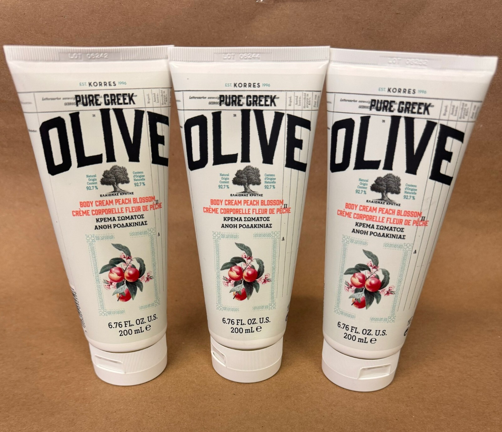 (SET of 3) KORRES Pure Greek Olive Body Cream Peach Blossom, 6.76 fl oz. **New** (SET of 3) KORRES Pure Greek Olive Body Cream Peach Blossom, 6.76 fl oz. **New**