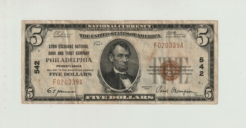 1929 National Currency $5 US Bank Note Corn Exchange National Bank Philadelphia 1929 National Currency $5 US Bank Note Corn Exchange National Bank Philadelphia