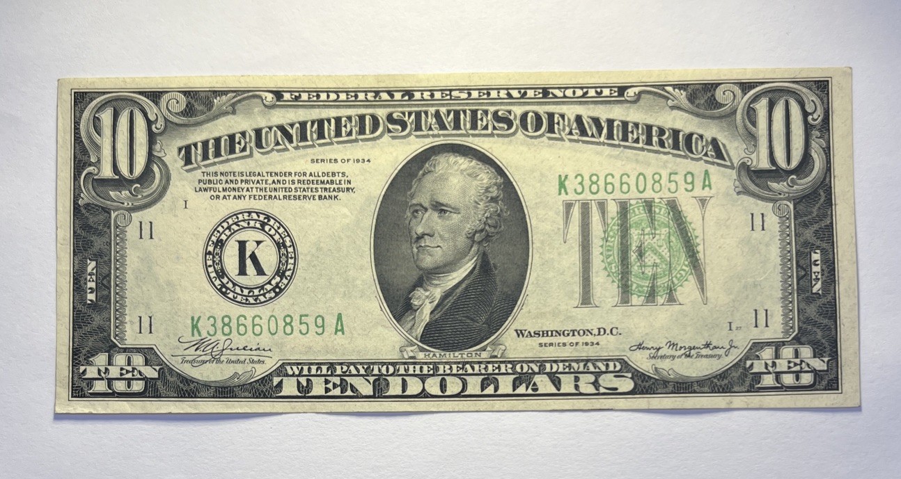 1934 TEN DOLLAR DALLAS TEXAS DISTRICT (K) LIME GREEN SEAL CRISP UNCIRCULATED 1934 TEN DOLLAR DALLAS TEXAS DISTRICT (K) LIME GREEN SEAL CRISP UNCIRCULATED