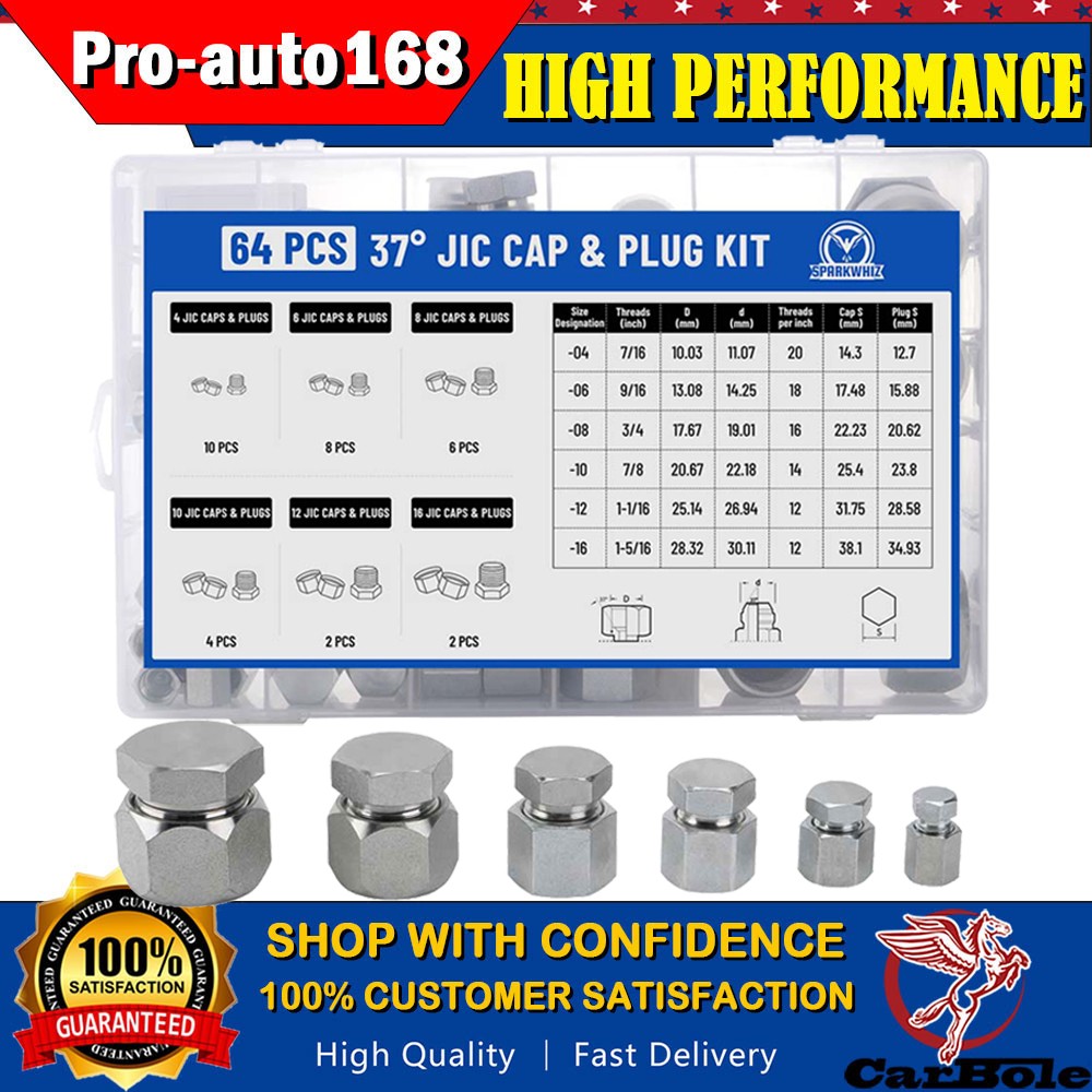 64Pc 37 Degree JIC Cap and Plug Assortment Kit Precision Threading Hydraulic Hos