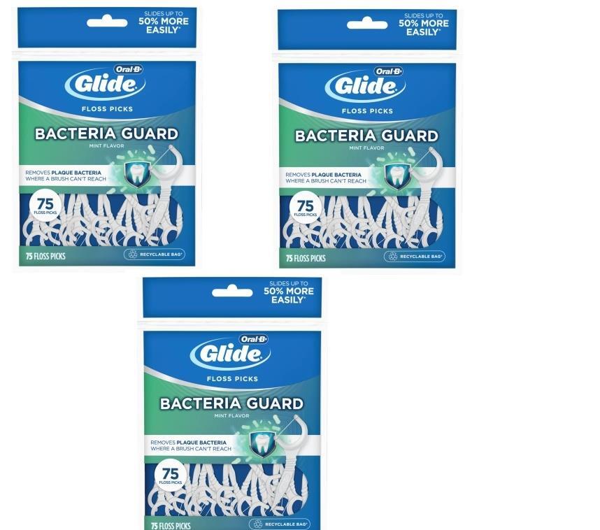 BL Oral-B Glide Floss Picks Bacteria Guard Mint 75 Count --**THREE PACK**