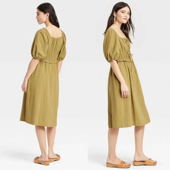 NEW Universal Thread women\'s SMALL Tribeca Green Puff Sleeve Midi Dress Pullover