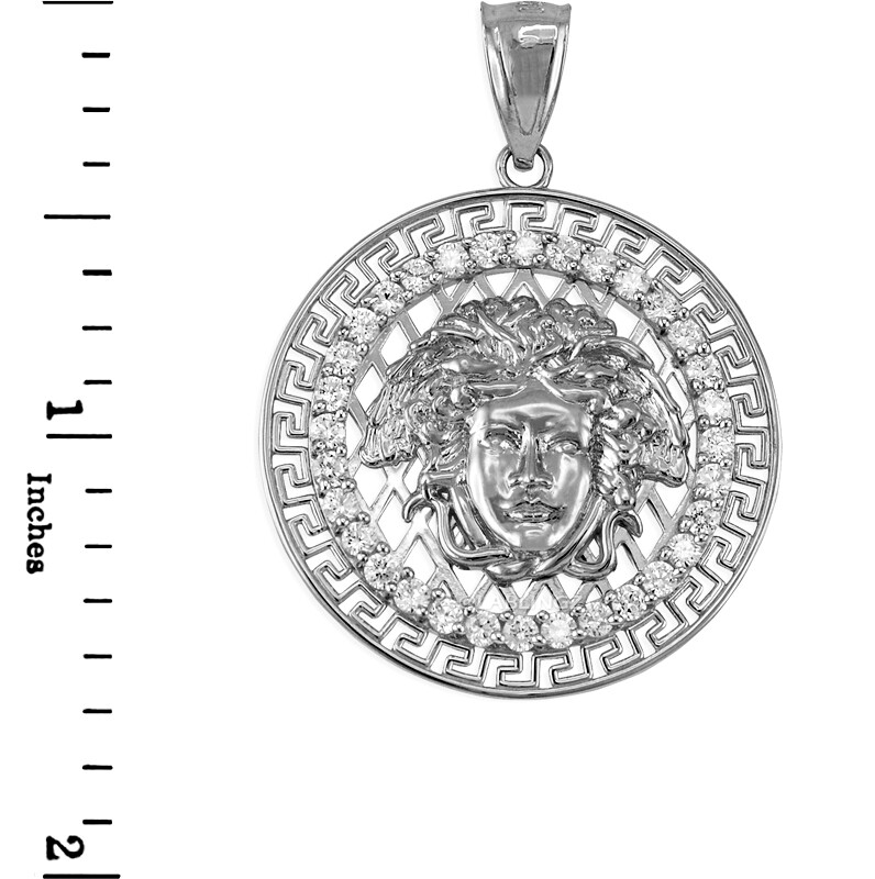 Sterling Silver Medusa Head Greek Key CZ Halo Round Gorgon Medallion Pendant S/L