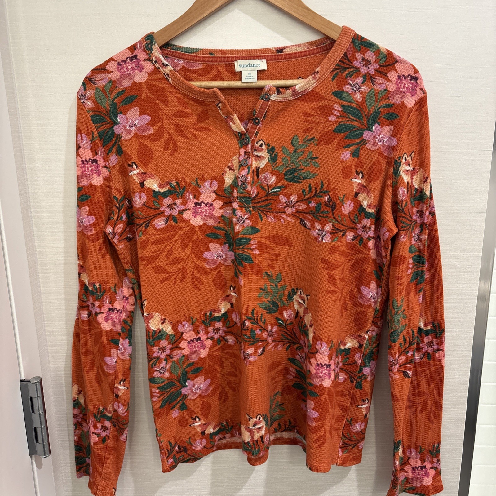 Sundance Henley Top Orange Floral Fox Fall Waffle Knit Cotton Long Sleeve-M Sundance Henley Top Orange Floral Fox Fall Waffle Knit Cotton Long Sleeve-M