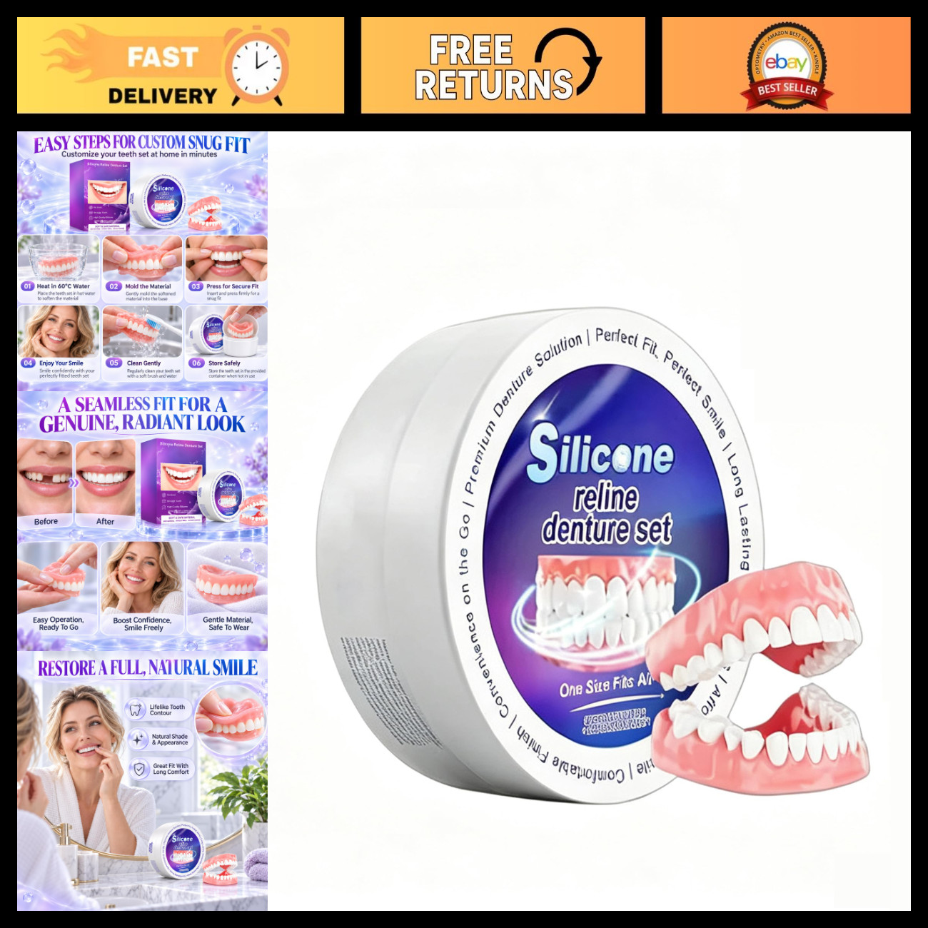 Denture Reline Kit - Silicone Upper & Lower Denture Repair Set for Comfort
