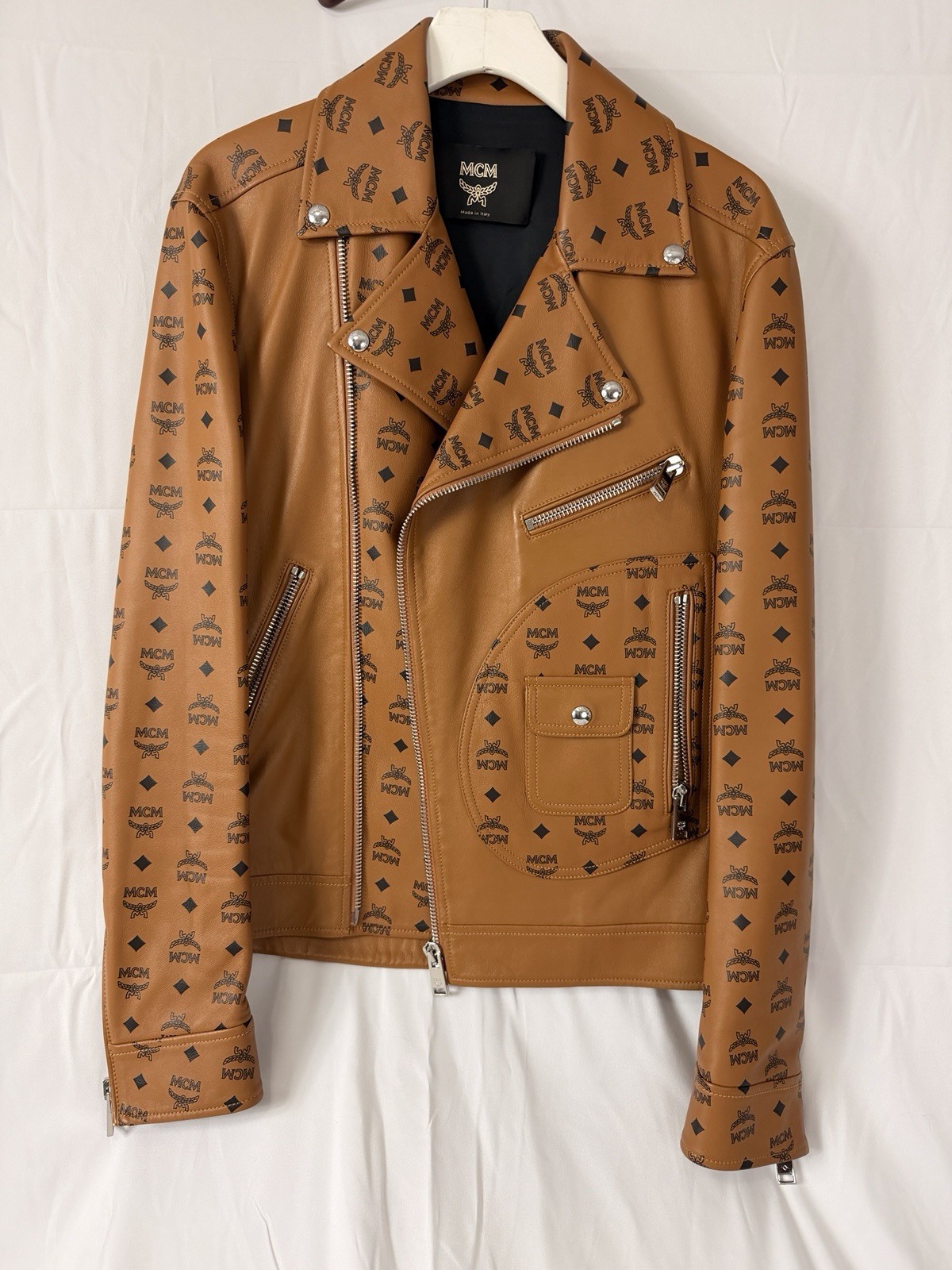Rare MCM Biker Jacket Leather Cognac Authentic Visetos Monogram Rare MCM Biker Jacket Leather Cognac Authentic Visetos Monogram