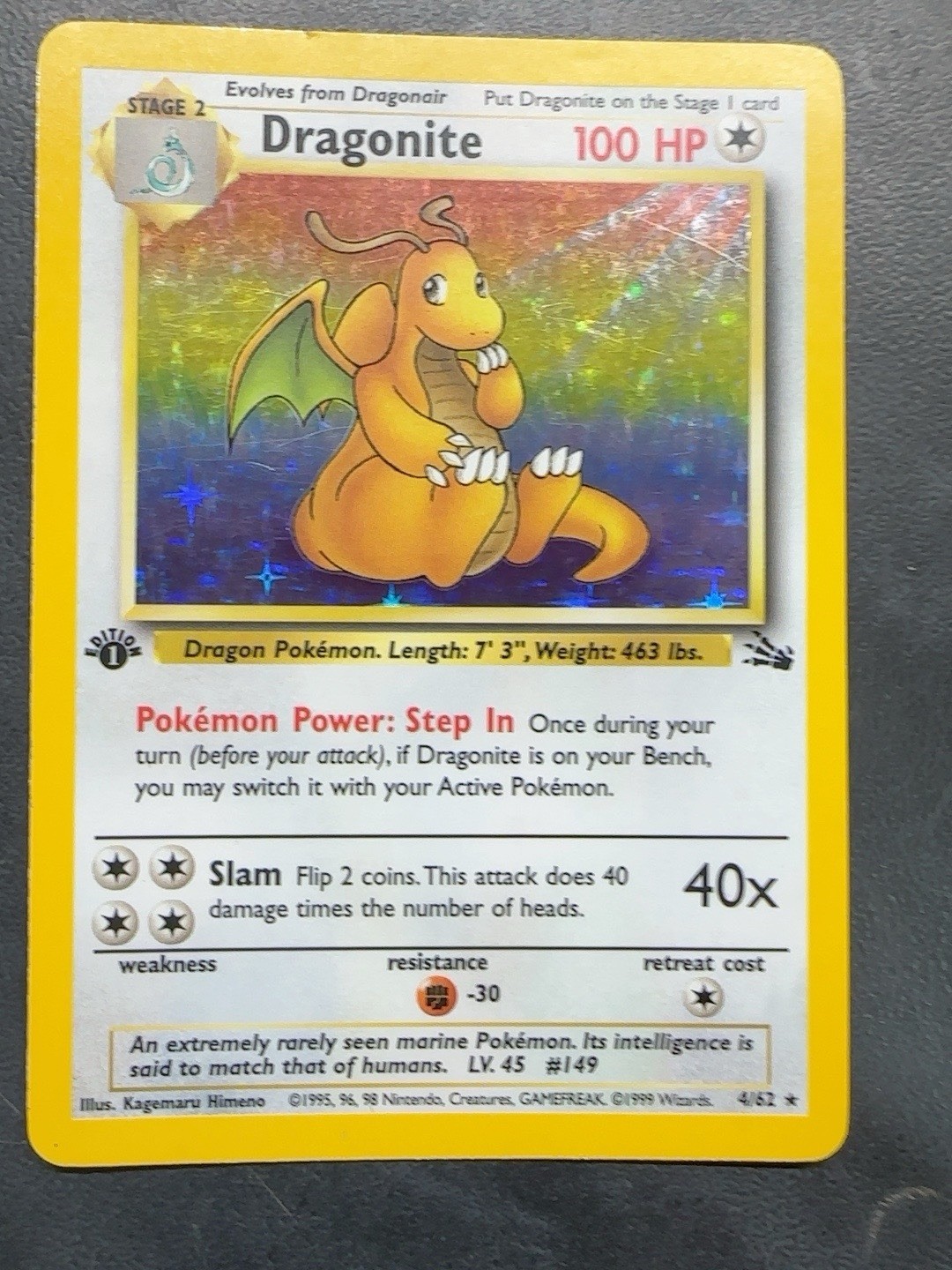 1999 Pokemon Fossil Dragonite 4/62 Holo 1st Edition WOTC English MP
