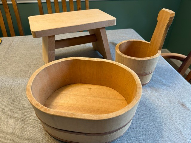 Vintage Japanese Ofuro Hinoki Cypress Wood Bath Set- Stool, Bucket & Water Pail