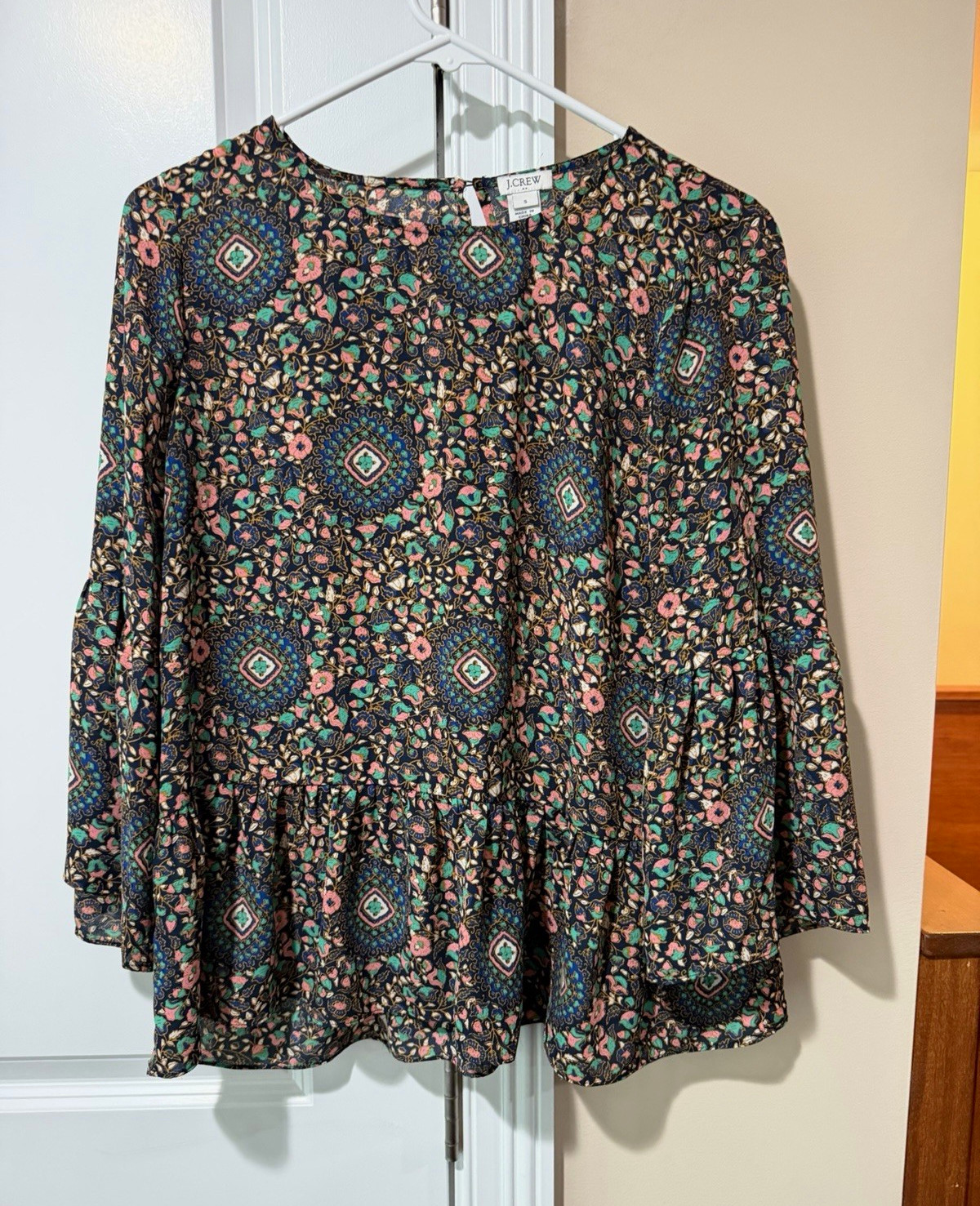 J.CREW Women\'s Multicolor Floral Round Neck 3/4 Sleeve Ruffle Blouse S