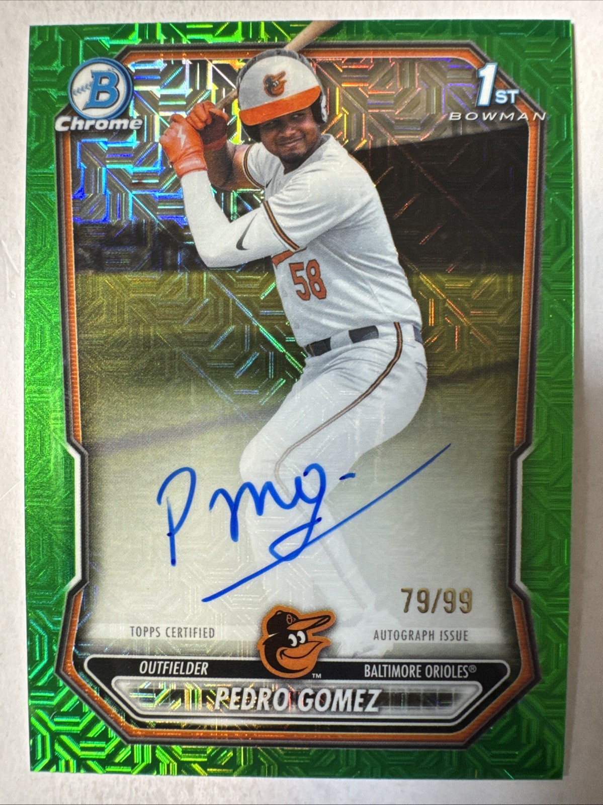 2026 Bowman Chrome Pedro Gomez Green Mojo Refractor Auto /99 CPA-PG 2026 Bowman Chrome Pedro Gomez Green Mojo Refractor Auto /99 CPA-PG