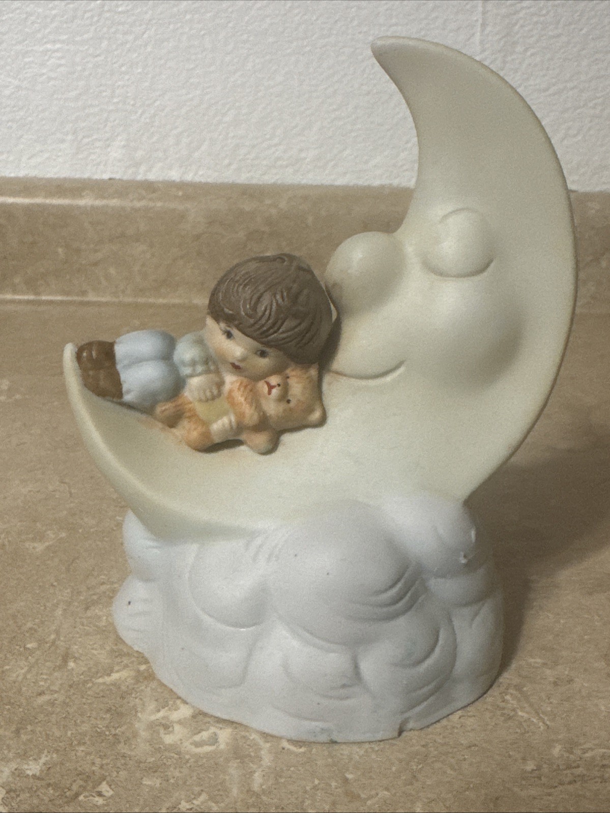VTG Enesco Dreamland Style Sleepy Boy & Teddy Bear on Moon Figurine NO INSIDES