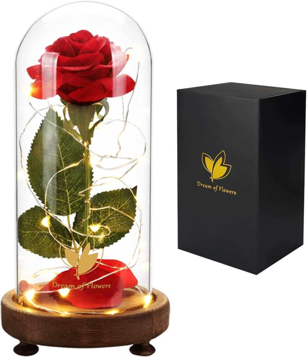 Forever Silk Rose in Glass Dome, Beauty and the Beast LED Light Flower Gift Forever Silk Rose in Glass Dome, Beauty and the Beast LED Light Flower Gift