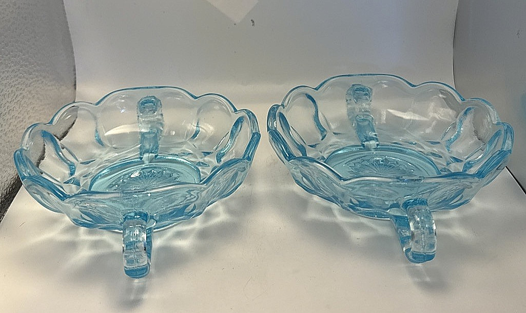 Vintage Aqua Blue Glass Bowl Candy Dish with Handles x2 - No scratches or chips