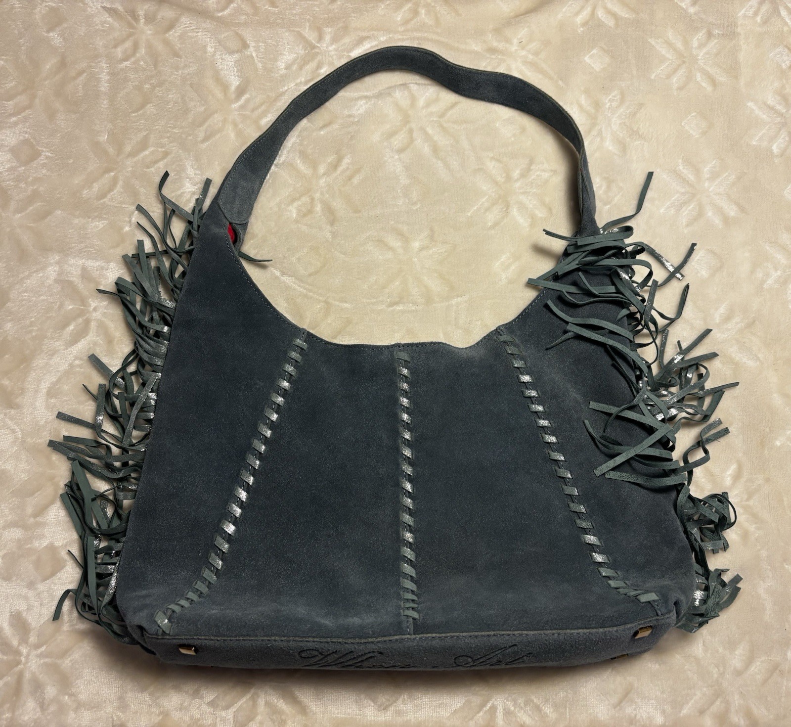 Sharif Legacy Suede Metallic Fringe Hobo with Whipstitching Sharif Legacy Suede Metallic Fringe Hobo with Whipstitching