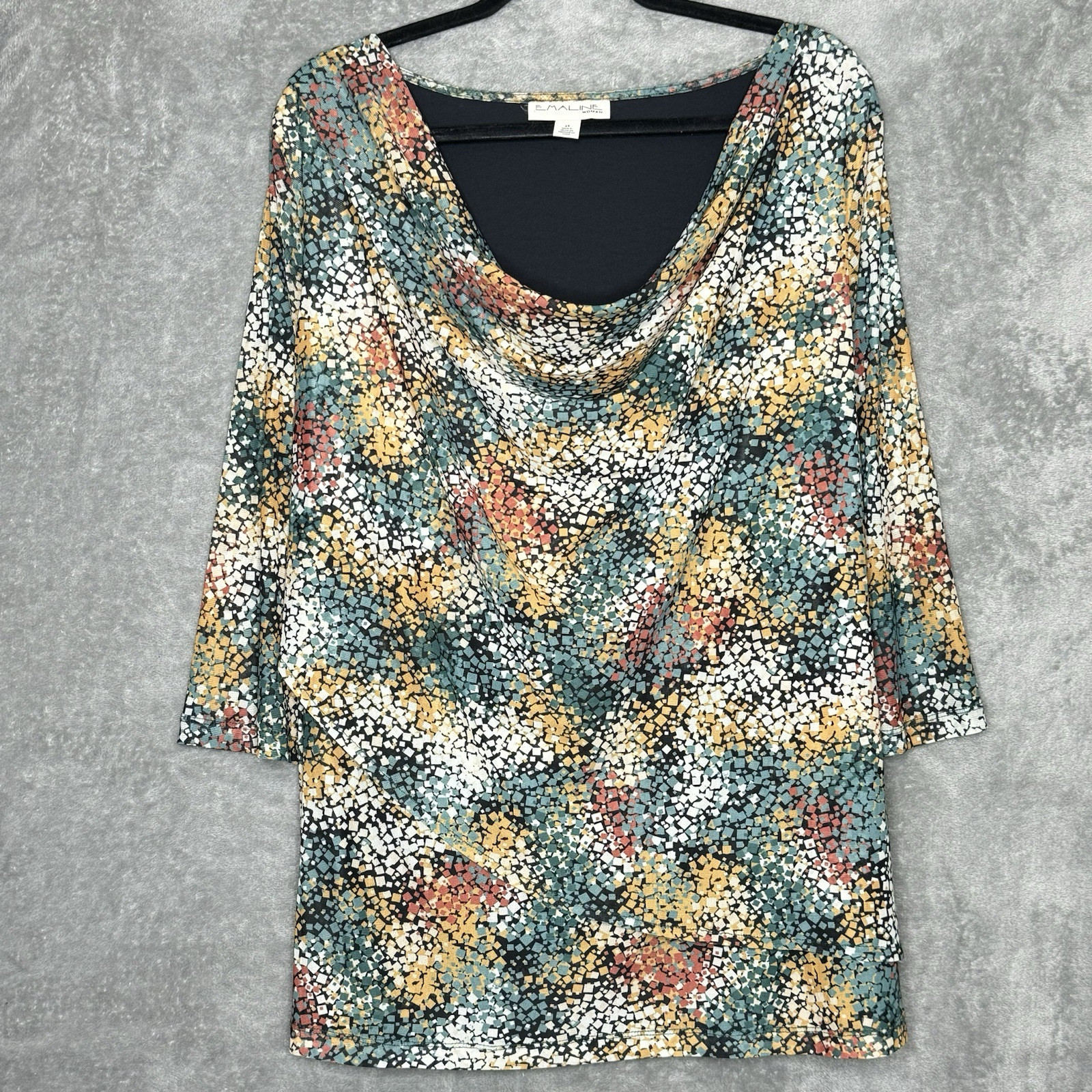 Emaline Top 2X Shirt Teal Blue Geometric 3/4 Sleeve Cowl Neck Stretch Womens