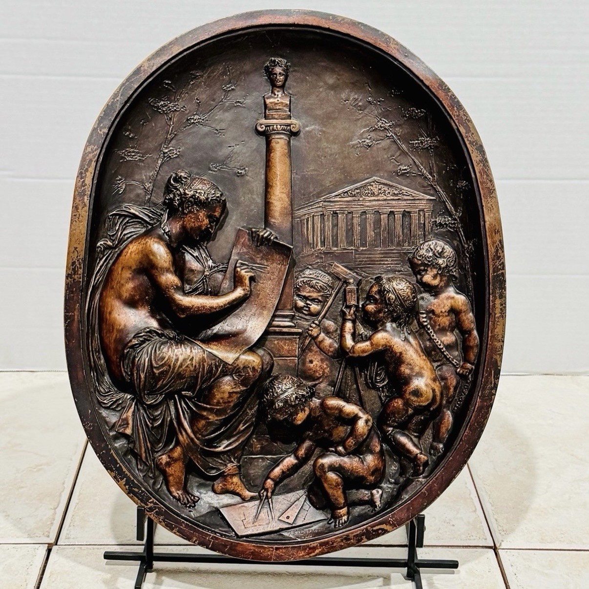 Jean Baptiste Germain 1869 16” Allegory Of The Arts 3D Relief Spelter Medallion
