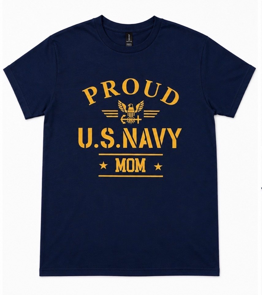 Proud U.S. Navy Mom T-Shirt Navy Blue Gold Military Veteran Mom Tee