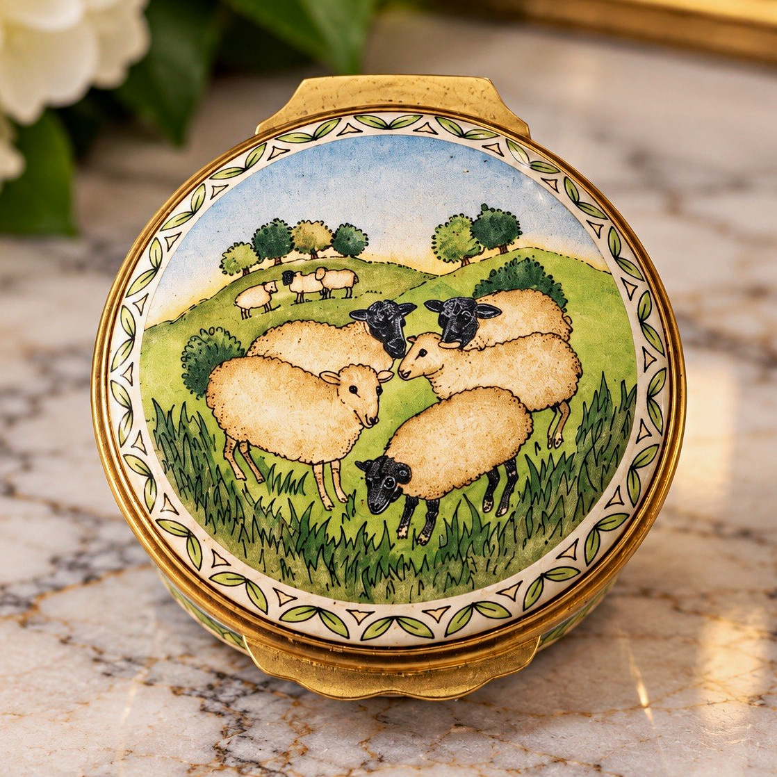 Vintage Halcyon Days Enamel Box Pastoral Sheep Bilston Battersea England 1.5”